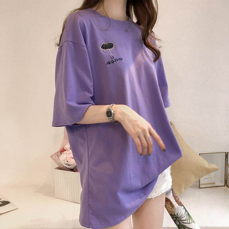 夏季新款刺绣短袖t恤百女网红同款衣服女韩版长搭中款上衣女