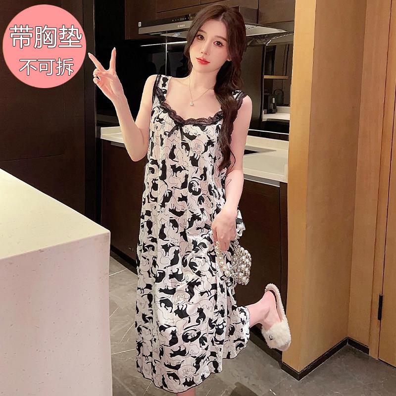 吊带睡裙女夏季莫代尔冰丝甜美网红风加肥加大码带胸垫睡衣家居服
