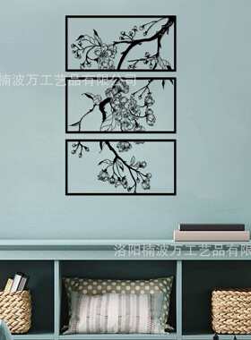 跨境铁艺新中式三联画中国风墙饰轻奢客厅墙面挂件卧室书房装饰