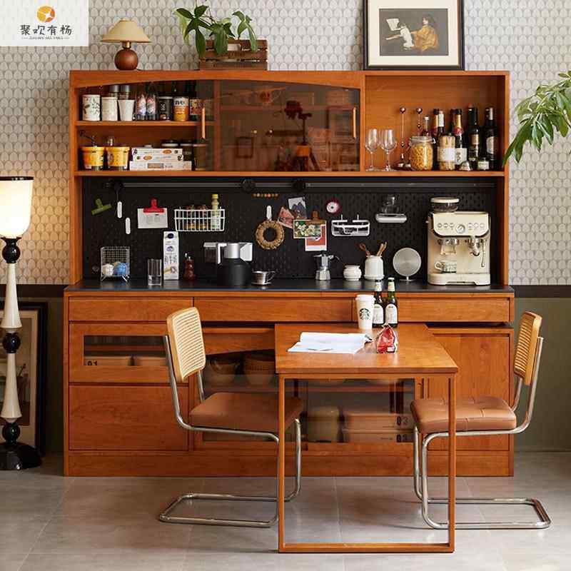 樱桃木实木旋转餐桌餐边柜中式一体餐厅储物靠墙落地客厅家用柜