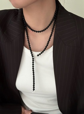 新中式复古串珠黑玛瑙项链长款多种戴法毛衣链高级感叠搭锁骨链女