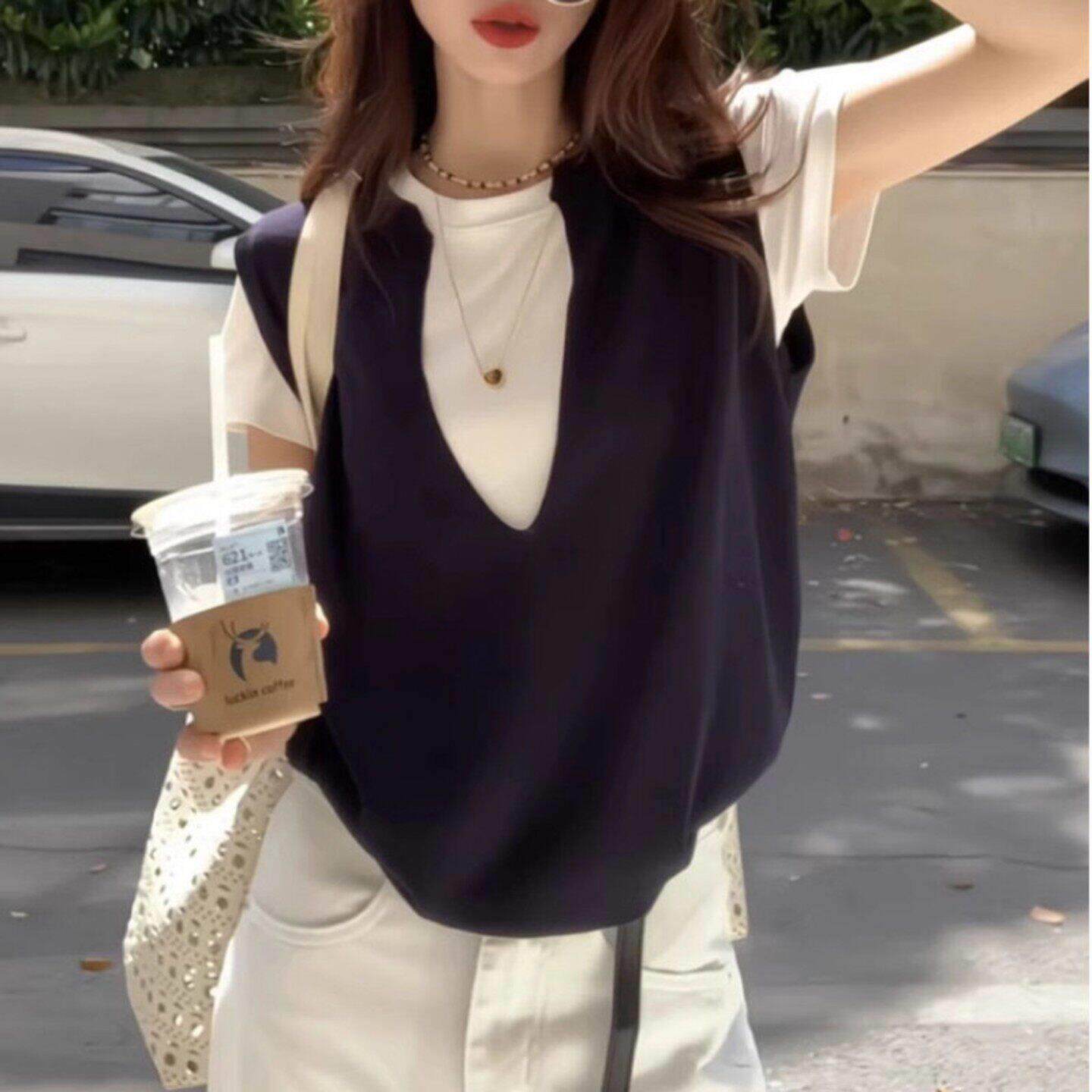 韩系chic假两件针织短袖T恤女新款夏季绝美巨好看的打底衫小上衣