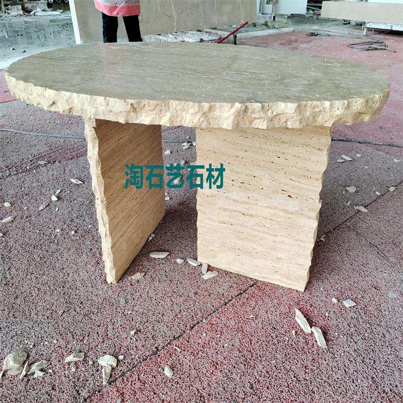 跨境米黄洞石天然石材茶几圆桌台面带底座可做托盘摆件大理石