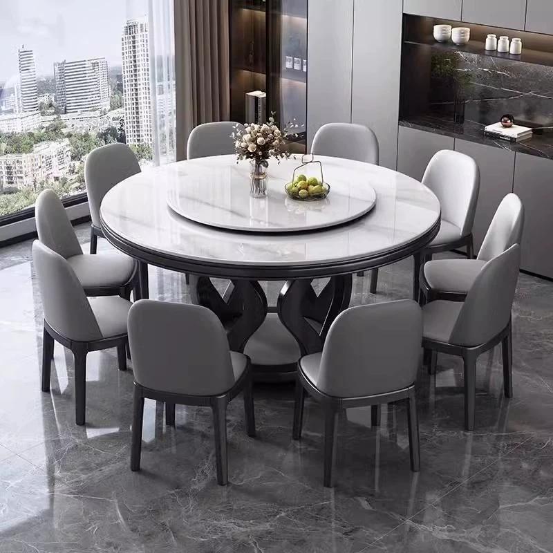 高档岩板户餐桌椅组合代家用小型简约实现圆桌带转盘酒店饭店圆木
