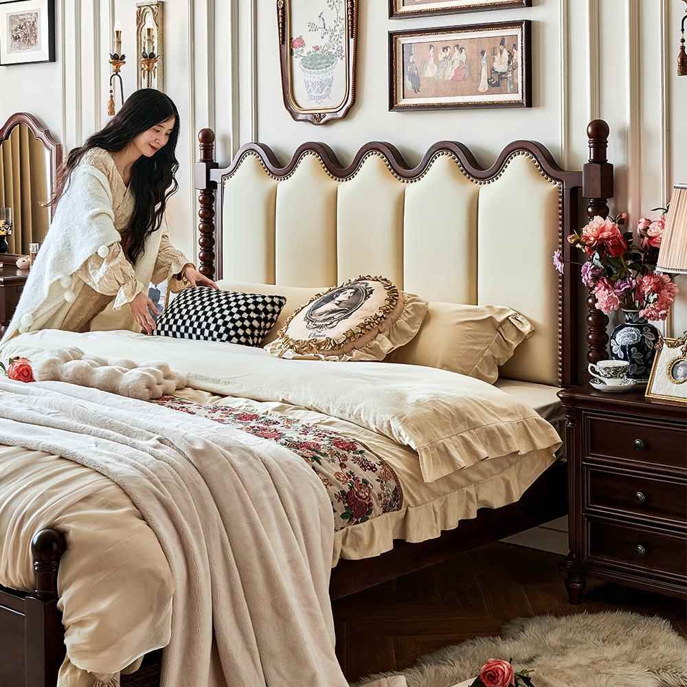 一具一家法式复古床实木真皮双人床主卧家具1米8大床波浪钢琴床