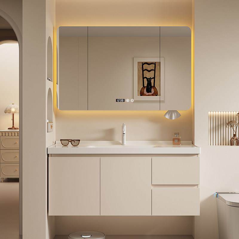 奶油风纯橡木烤漆浴室柜组合陶瓷一体盆挂墙式卫生间洗手盆洗脸盆