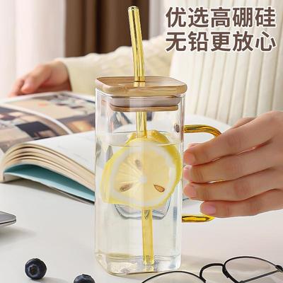 高硼硅方形玻璃杯带把手带盖家用耐高温高颜值2025新款吸管水杯女