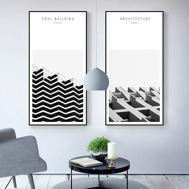 后现代 工业风格建筑黑白装饰画 北欧客厅玄关壁画办公室竖版挂画