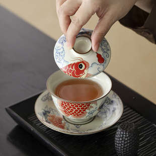 陶瓷家用防烫功夫泡茶具 青花汝窑龙鱼三才盖碗单个高档茶碗中式