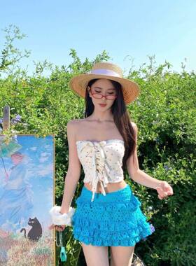 辣妹海岛度假绝美明媚泳衣女夏多巴胺系带抹胸蓝色蛋糕短裙0612e