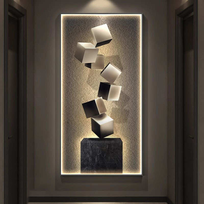 轻奢玄关装饰画带led灯几何抽象走廊尽头挂画高级感立体墙面装饰图片