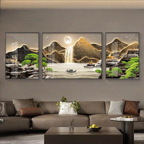 轻奢山水画客厅装饰画新中式沙发背景墙挂画大气高级感三联画挂画