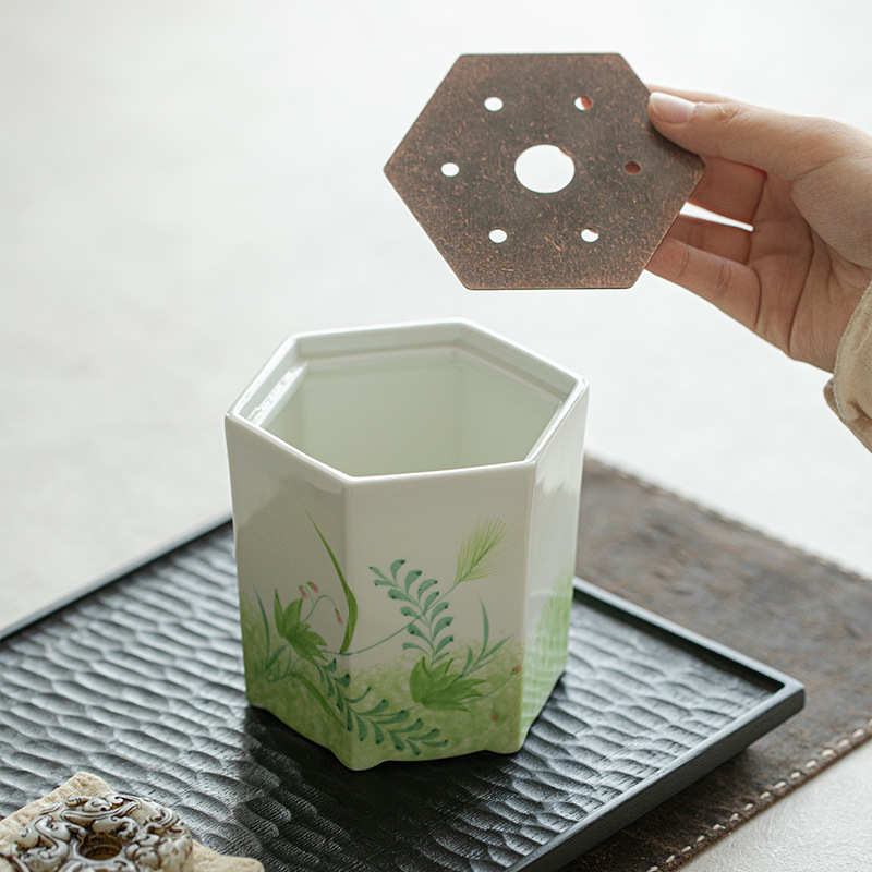 手绘六方建水釉下彩带盖茶渣缸水干炮台家用高档功夫茶具陶瓷茶洗