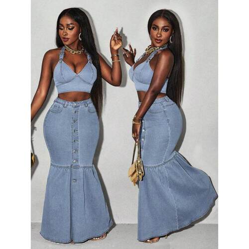 G 23915 Stretch Denim Fishtail Skirt 弹力牛仔鱼尾半身裙