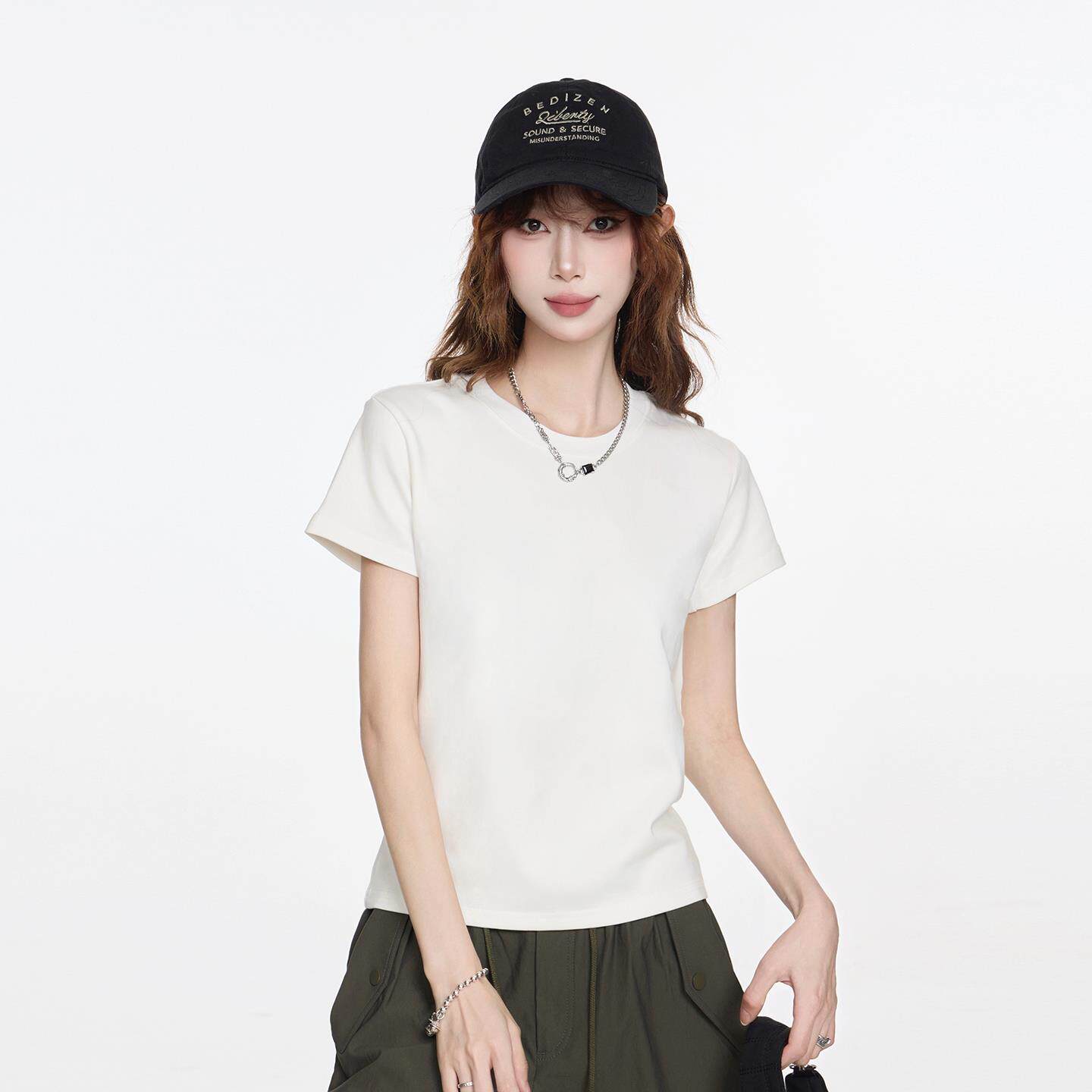 正肩简约百搭白色T恤女2025夏季新款小个子纯色简约基础短袖上衣