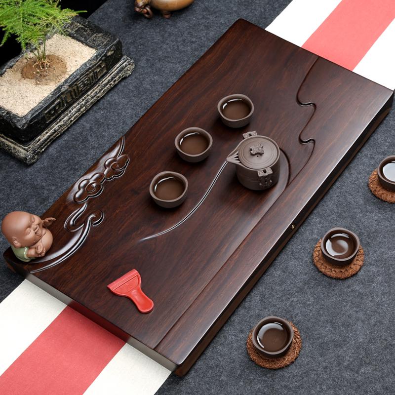 整块非洲黑檀木茶盘实木家用茶台 简约乌金石茶海 排水功夫小茶具