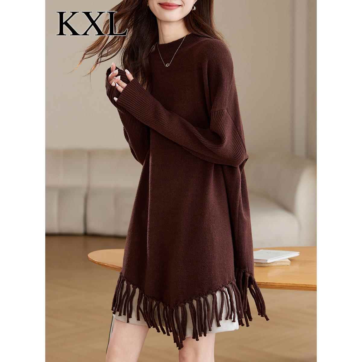 中长款宽松慵懒风流苏毛衣女新款秋冬高级感气质咖色单穿针织上衣