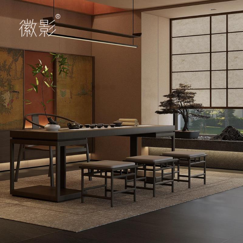 高档徽影胡北美黑桃木茶桌实侘风禅意功夫茶台宋式简约古风木寂茶