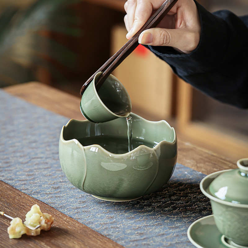 越窑青瓷茶洗大号陶瓷茶渣缸家用高端水盂水洗茶碗功夫茶具配件