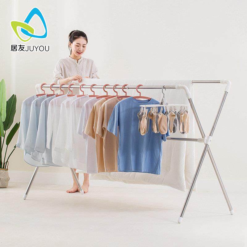 晾衣架 落地折叠不锈钢双杆式晒衣架X型阳台挂衣服架子凉衣架晒架