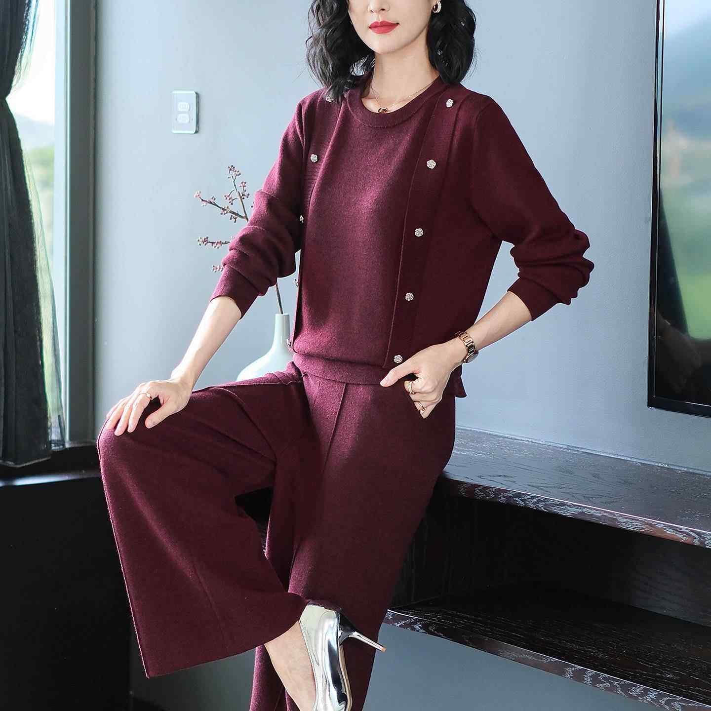 阔腿裤休闲羊毛针织套装女2025秋季宽松减龄妈妈轻奢高级感两件套