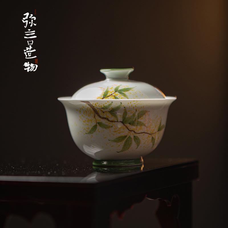 弥言白瓷纯手绘桂花盖碗手工陶瓷薄胎泡茶碗茶杯家用不烫手功夫茶