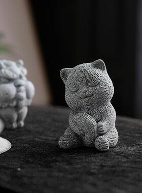 青砂石可爱悠闲小猫动物摆件创意家居茶室茶盘桌面茶宠博古架装饰