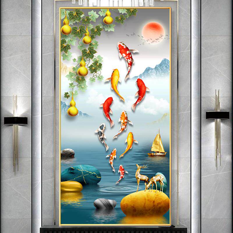 入户玄关装饰画走廊晶瓷画过道入门新中式荷花葫芦带LED灯九鱼图