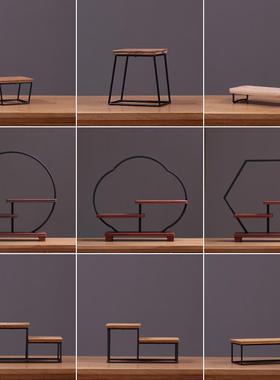 禅意实木置物架摆件创意桌面饰品茶几铁艺方格子中式博古架工艺品