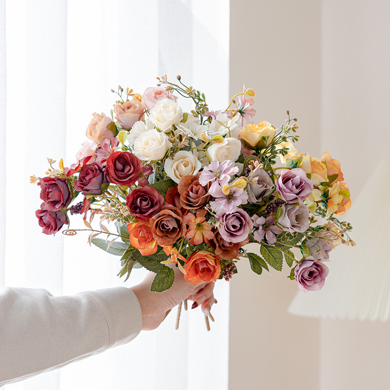 玫瑰花珠串小花束单枝假花仿真花人造花绿植客厅绢花装饰花摆件花