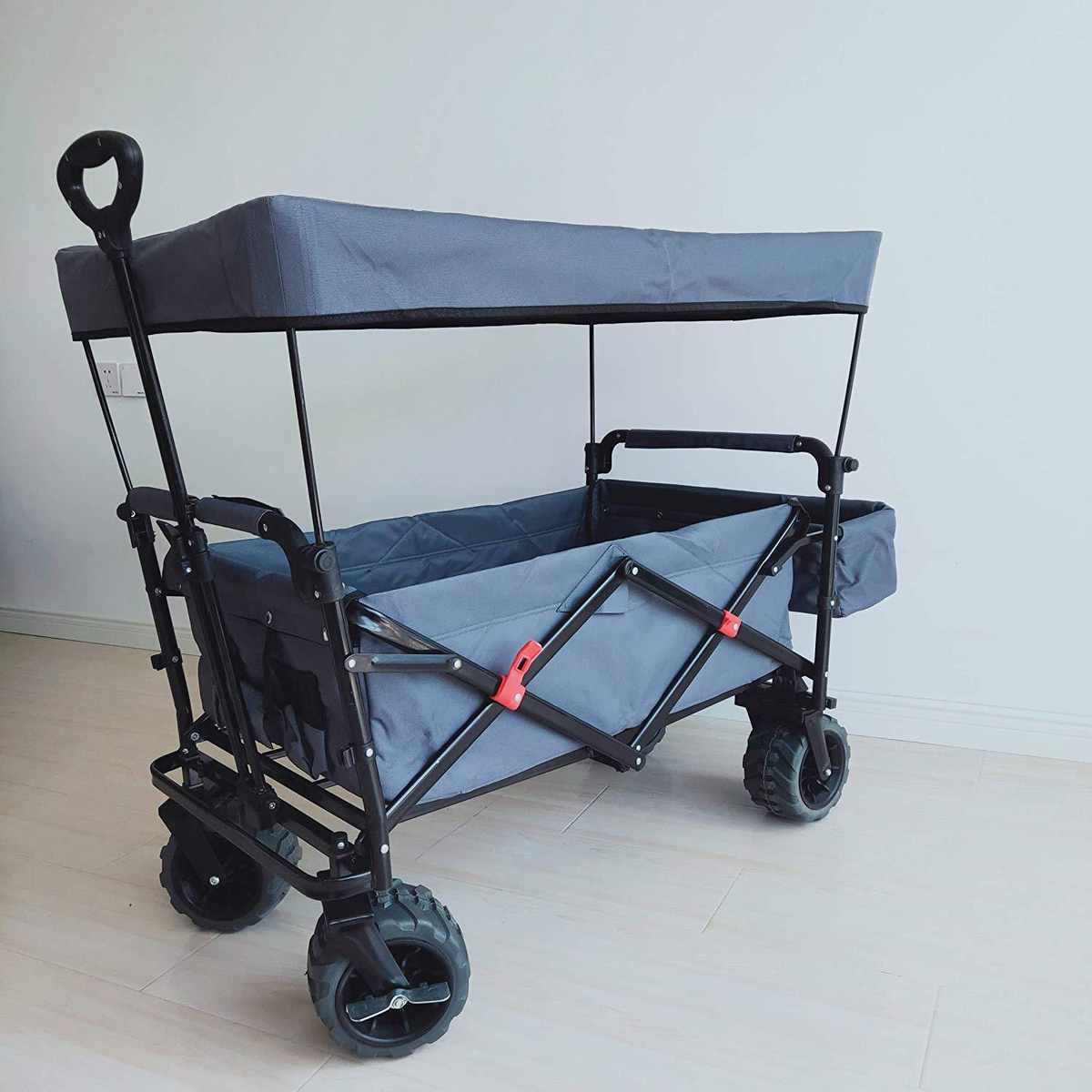 户外带棚小孩推车野外营地车露营折叠推车野餐钓鱼手拉杆小拖车