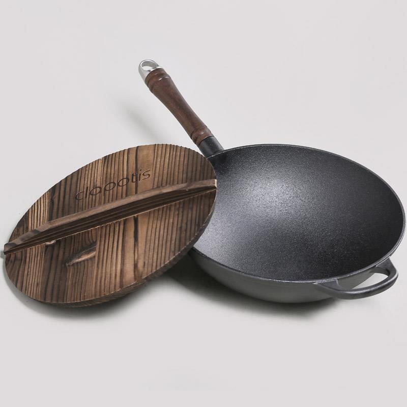 正品cl胡apots圆底铸铁炒锅无涂层铸i铁锅桃木柄老式生铁锅家粘用