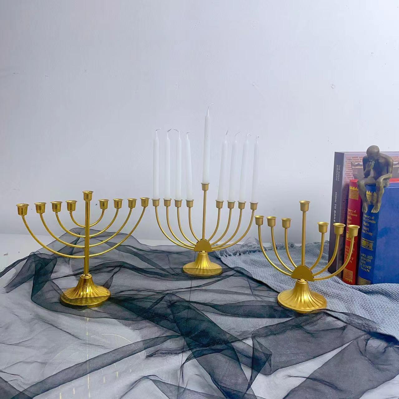 光明节九头烛台工艺品摆件金色铁艺多头蜡烛容器蜡烛杯Hanukkah