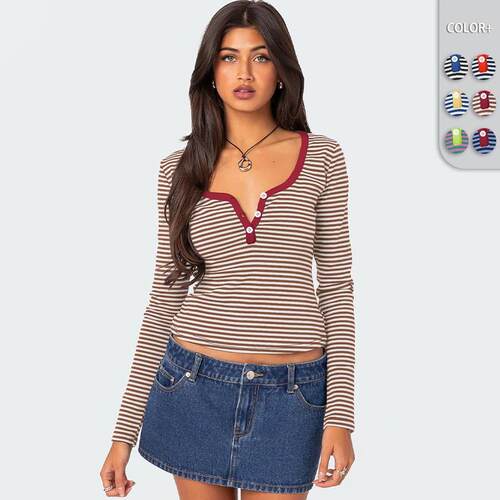 Womens Striped Knit Tops Notch V Neck Button Down Long