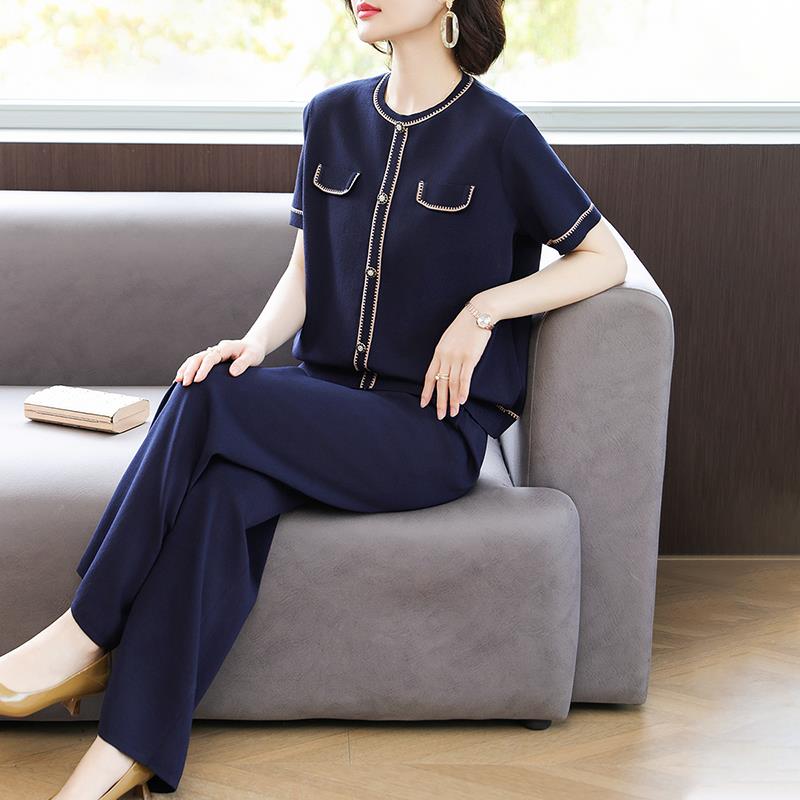 妈妈夏装2025新款洋气运动套装中老年人女装阔太太真丝上衣两件套