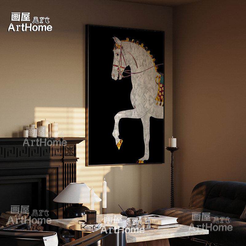 马到成功现代中古风轻奢挂画复古法式餐厅壁画卧室奢华客厅装饰画