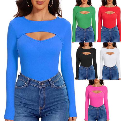 Women's long sleeved top with front hollowed out T-shirt
