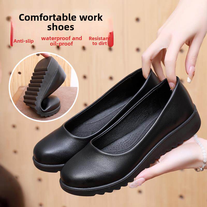 女士久站不累脚工装鞋防滑小皮鞋女春夏季新款职业软皮平底套脚鞋