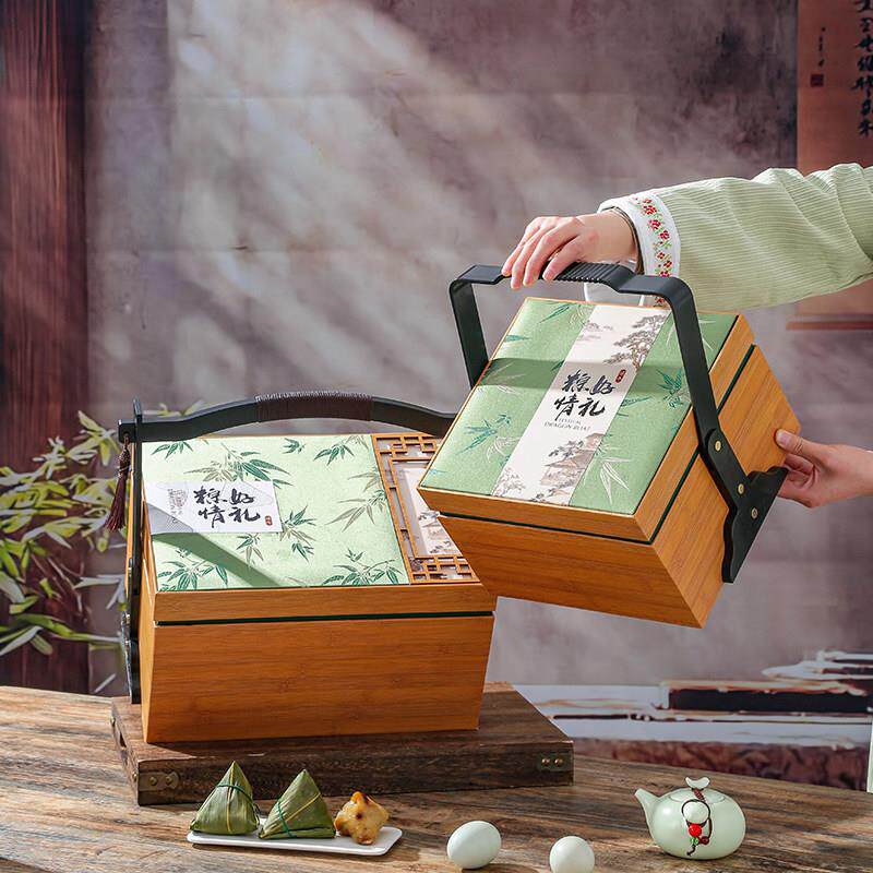 新款端午节礼品盒大号手提篮双层绿色咸鸭蛋粽子礼盒包装盒空盒子