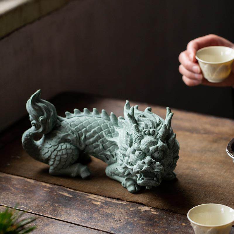 陶怡 青砂石瑞兽麒麟家居桌面茶宠 创意中式国潮装饰摆件鱼缸造景