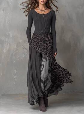 Women's Leopard Print Patchwork Long Sleeve Dress