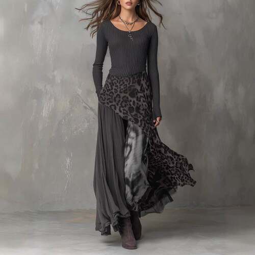 Women's Leopard Print Patchwork Long Sleeve Dress