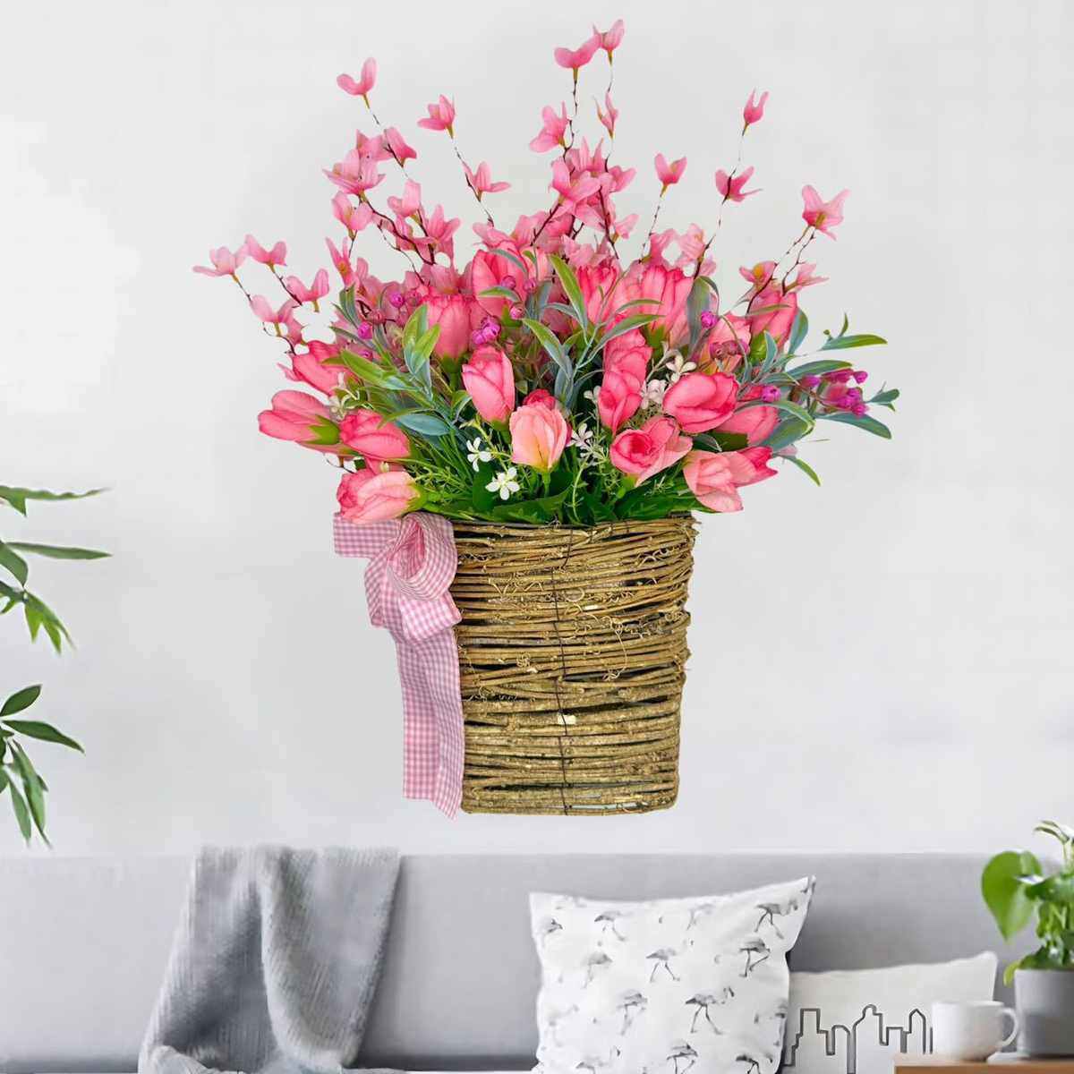 2025春夏季仿真郁金香花篮仿真花花环家居农舍门挂装饰,鲜花速递/花卉仿真/绿植园艺,仿真绿植,淘宝优惠券,粉丝福利购,淘宝优惠卷