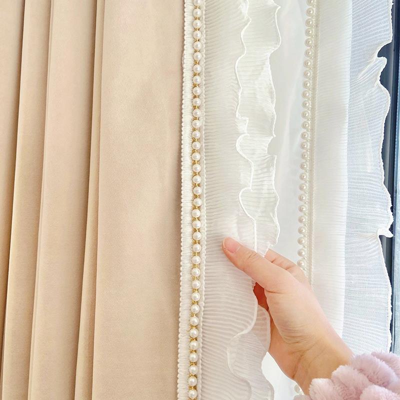 新款窗帘边装饰花边白色蕾丝木耳边双层珍珠装饰纱帘侧边配件辅料