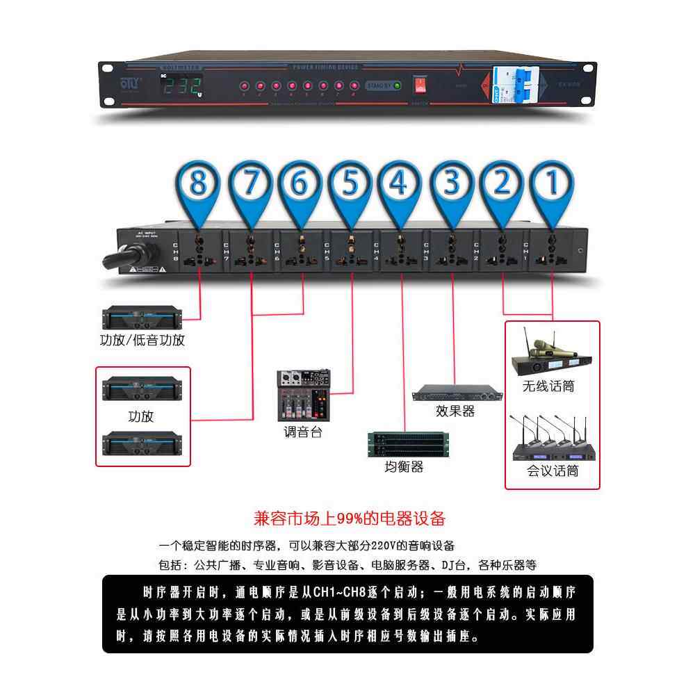 qtly专业8-10路电源时序器会议音响插座大功率电压开关管理控制器