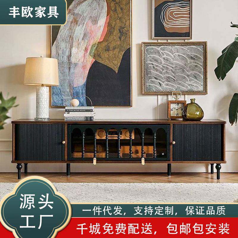 新款中古风实木电视柜组合黑色美式复古小户型客厅储物柜卷帘地柜