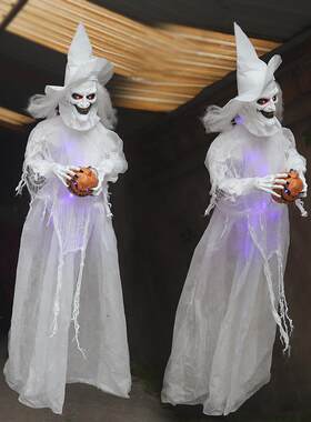 万圣节装饰老巫婆扫把女巫摆件电动发声感应大巫婆剧本杀鬼屋道具