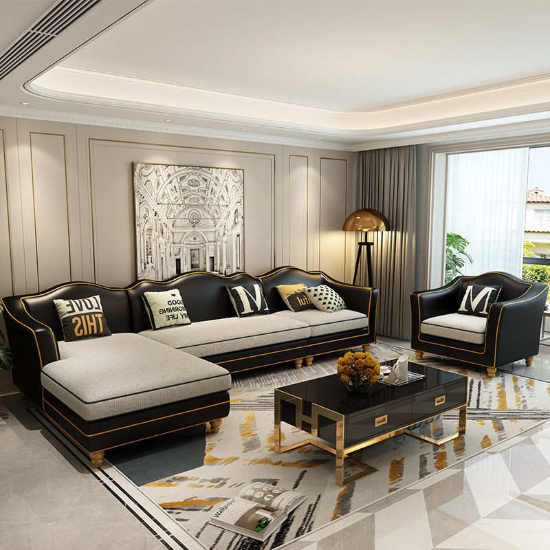 美式转角沙发皮布组合  油蜡皮后现代轻奢 欧式简约客厅贵妃沙发