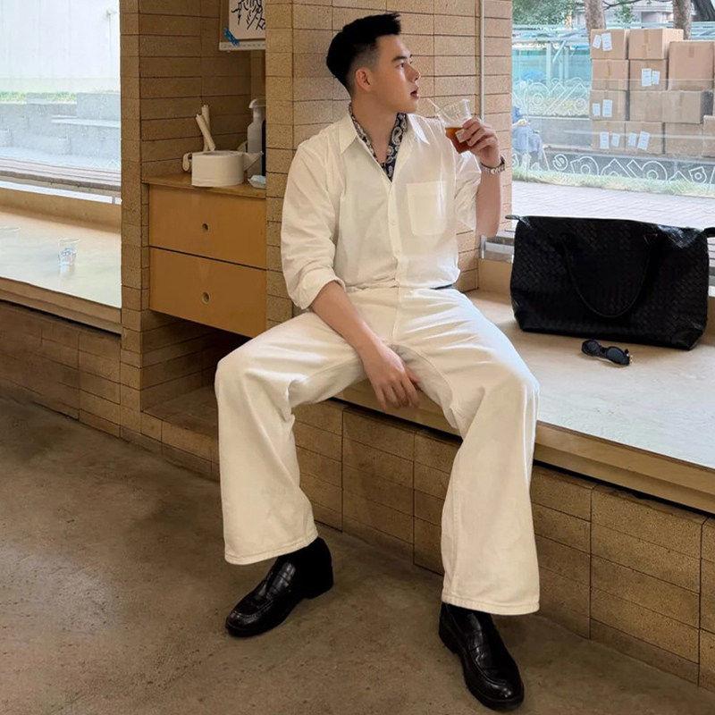 轻奢老钱风白色长袖衬衫2026春季男士休闲长裤淡人高知穿搭一整套