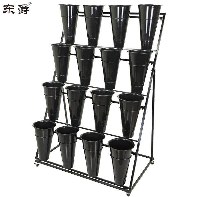花店鲜花展示架多层阶梯花架摆花带万向轮铁艺架子养花桶塑料花筒